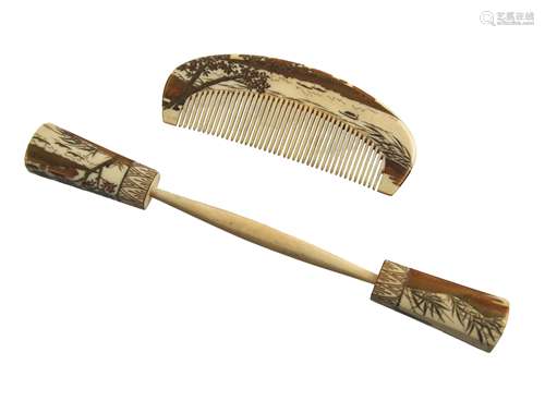 JAPANESE GILT LACQURE BONE HAIR KOUGAI AND COMB