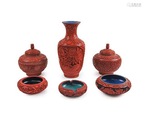 GROUP OF SIX CINNABAR LACQUER VASE, JARS, DISHES