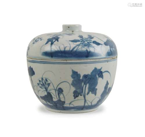 BLUE AND WHITE LIDDED CONTAINER