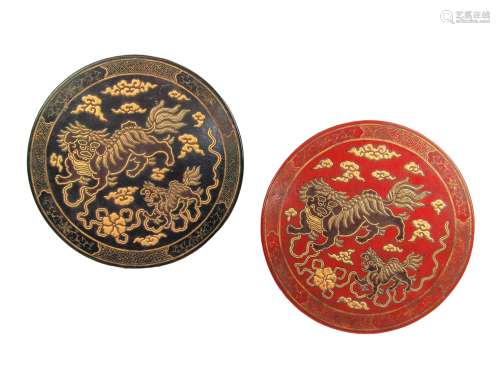 PAIR LACQUERED LEATHER FOO LION BOXES