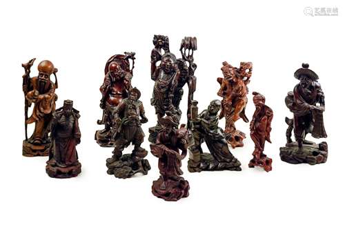 COLLECTION OF TEN CARVED WOOD CHINESE FIGURES