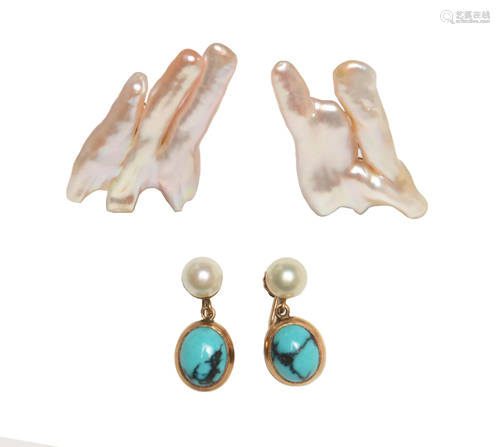 2 Pair 14K Gold, Pearl & Turquoise Earrings