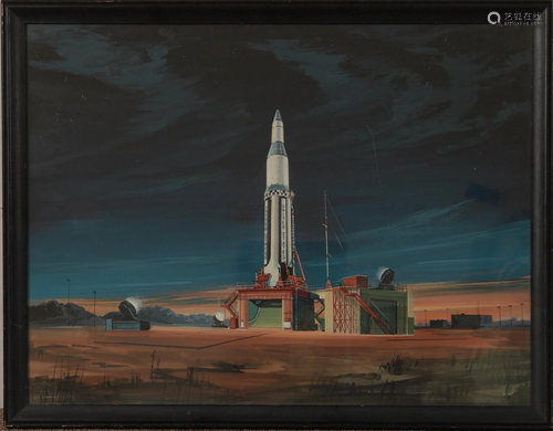 Illustration Art, Gouache of NASA Rocket on Pad,