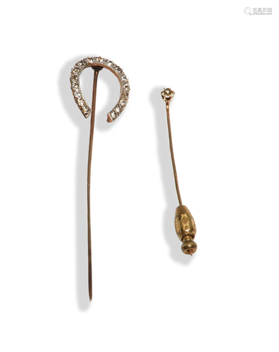 2 Antique 14K Gold & Diamond Stickpins