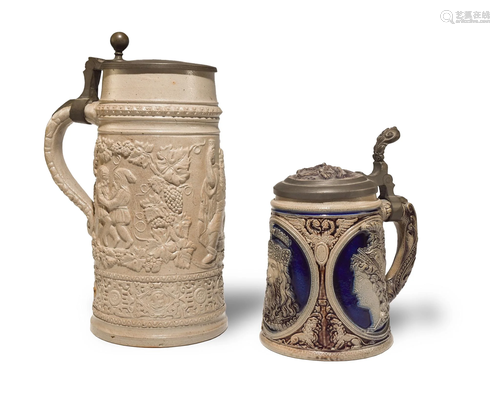 2 German Stoneware Steins, 19th Century