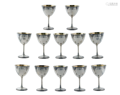 12 Dominick & Haff Parcel Gilt Sterling Goblets