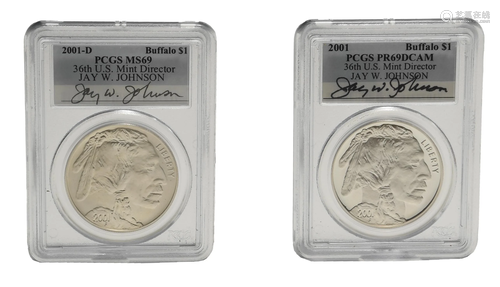 2001-P Silver Buffalo PCGS PR69 DCAM, 2001-D MS69