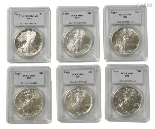 6 Silver Eagles MS69, 1986-1999, Inc. 1990-S DCAM