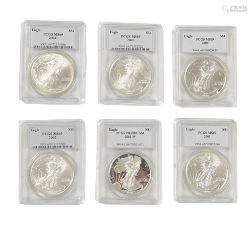 6 Silver Eagles PCGS MS69, 2000-2004, 2001-W DCAM