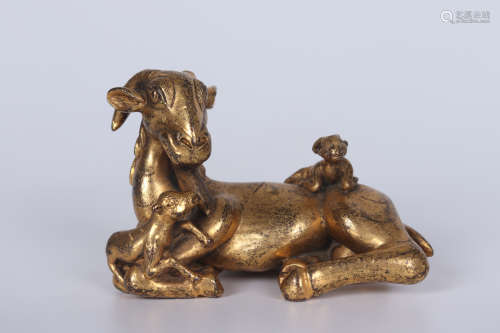 Chinese Bronze Gold Gilded Sheep