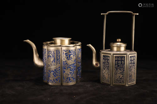 白銅燒藍酒壺兩件一組