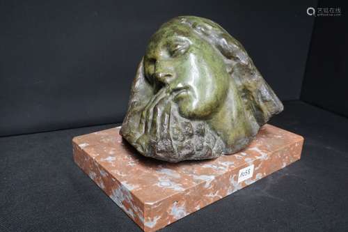 BRONZEN ART DECO HOOFD OP MARMEREN SOKKEL