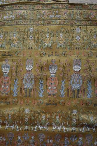 TWO: Pair of Persian Silk Woven Figural Textile of Soldiers