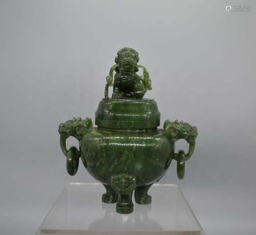Spinach-Green Jade Tripod Incense Burner with Mythical Lion ...