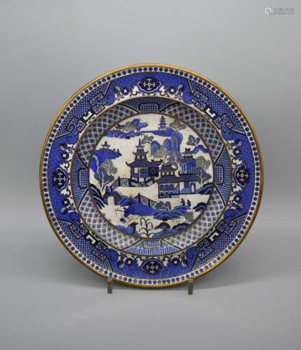 CHINESE Blue and White Landscape Cloisonne Dish