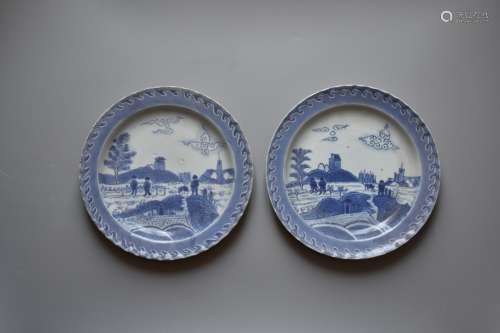 PAIR of CHINESE Blue and White 'Scheveningen' Dishes with Du...