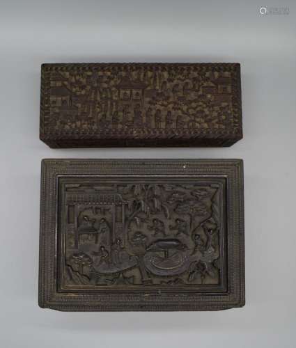 TWO Chinese Deep Carved Hidged Wooden Boxes