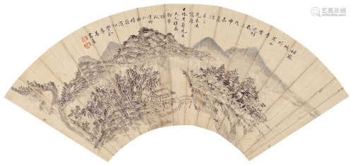 杨蔚滨（清） 山水扇面 镜框 设色绢本