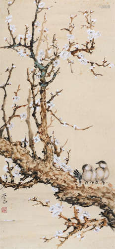 赵崇正（1910～1968） 白梅双禽 镜片 设色纸本