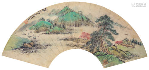 吴榖祥（1848～1903） 山水扇面 镜框 设色纸本