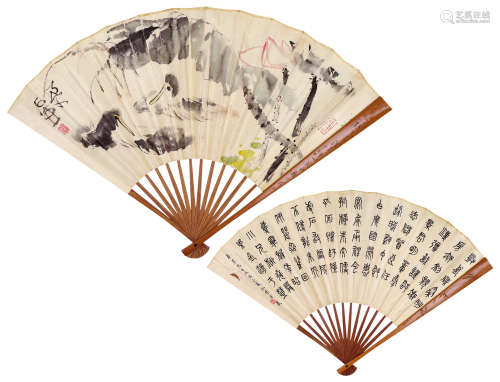 陈子庄（1913～1976） 荷花鸭 成扇 设色纸本