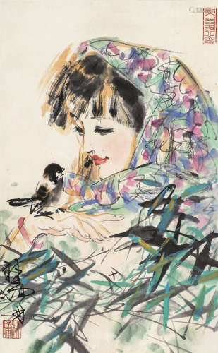 林墉（b.1942） 鸟语花香 立轴 设色纸本