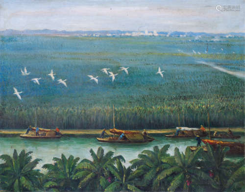 余本（1905～1995） 山水油画 镜框 布