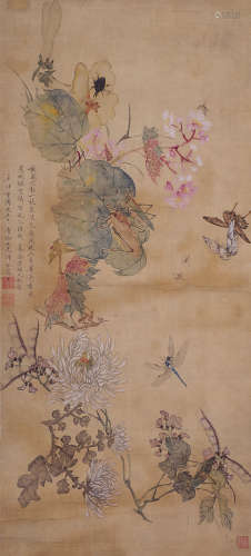 恽冰（1723～1795） 花卉小虫 立轴 设色绢本
