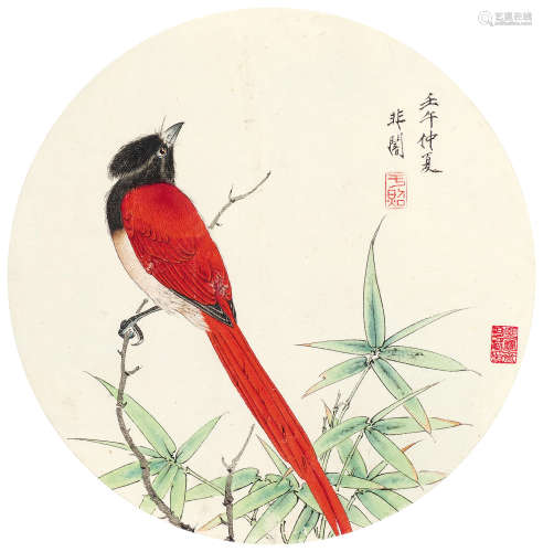 于非闇（1889～1959） 花鸟团扇 镜片 设色纸本