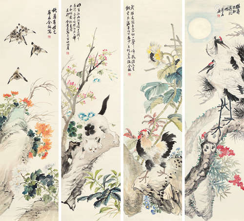 金梦石（1869～1947） 花鸟四屏 立轴 设色纸本