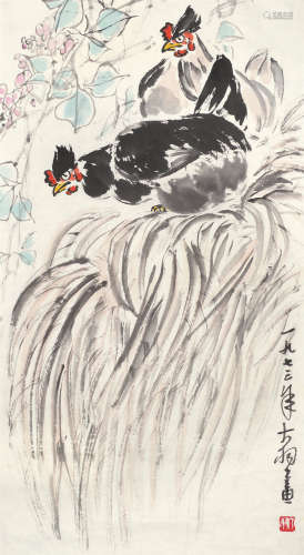 陈大羽（1912～2001） 双鸡 镜片 设色纸本