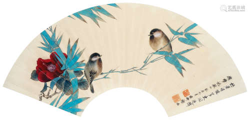 谢稚柳（1910～1997） 花鸟扇面 镜片 设色纸本