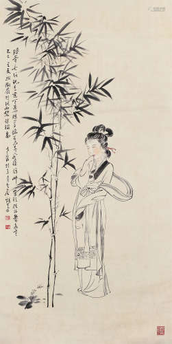 晏济元（1901～2011） 竹子仕女 立轴 设色纸本