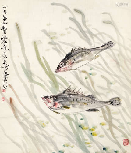 萧平（b.1942） 双鱼图 镜片 设色纸本
