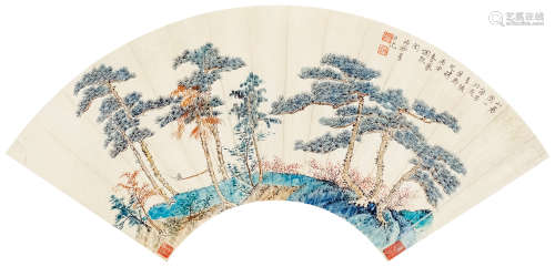 谢稚柳（1910～1997） 山水扇面 镜片 设色纸本
