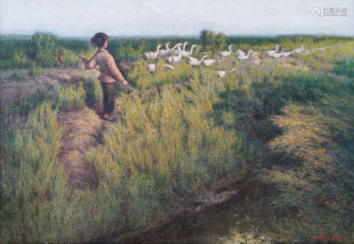 郝义（b.1960） 牧鹅油画 镜框 布
