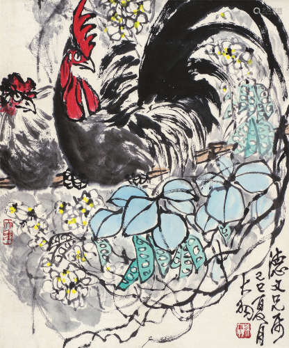陈大羽（1912～2001） 双鸡图 立轴 设色纸本