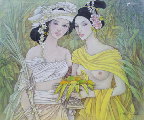 冯长江（b.1943） 美女油画 镜框 布