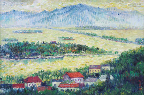 周碧初（1903～1995） 风景油画 镜框 布