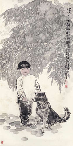 王有政（b.1941） 小孩与狗 立轴 设色纸本