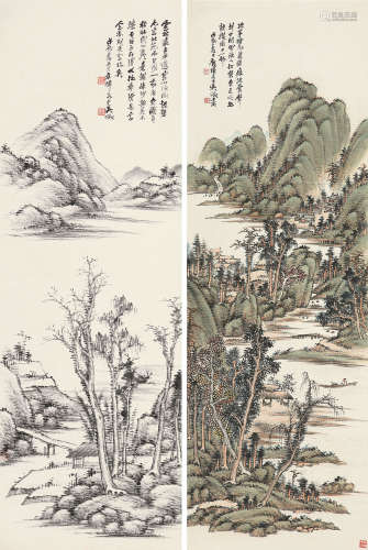 戊辰（1928）年作 吴徵  山水二种 （二幅） 镜片 水墨 设色纸本