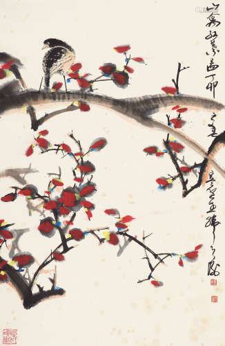 丁卯（1987）年作 韩天衡  山禽红叶  立轴 设色纸本