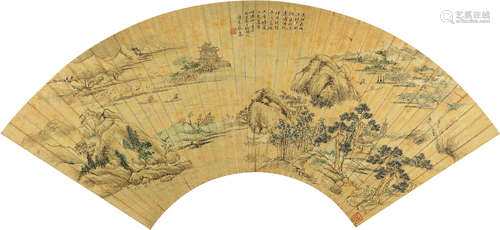 蔡嘉 癸未（1763）年作 潇湘八景 设色金笺 扇面