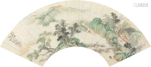 上叡 庚戊（1670）年作 水邨图 设色笺本 扇面