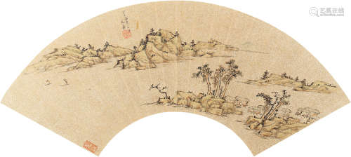 文嘉 丁巳（1551）年作 临江秋色 设色金笺 扇面