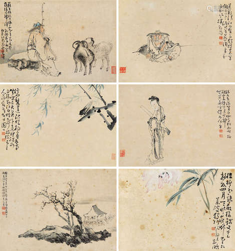 黄慎 庚子（1750）年作 闲情六种 设色纸本 镜片六幅