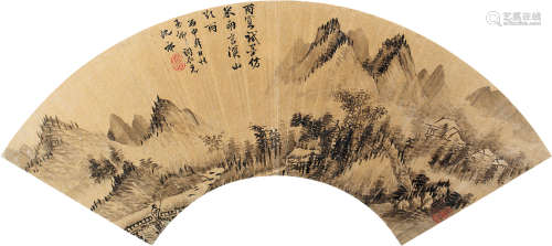 沈祁 丙申（1656）年作 溪山欲雨 水墨金笺 扇面