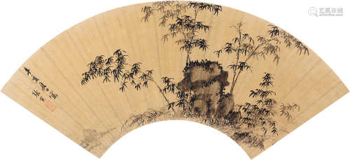 张寅 辛亥（1671）年作 竹石双清 水墨金笺 扇面