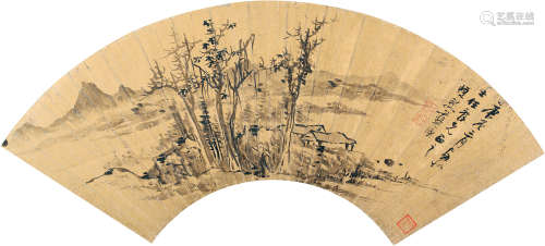 蓝瑛 庚辰（1640）年作 寒江图 水墨金笺 扇面