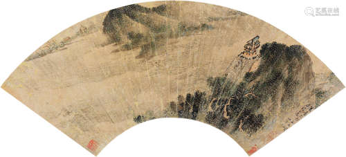 李士达 乙卯（1615）年作 江天山色 设色金笺 扇面